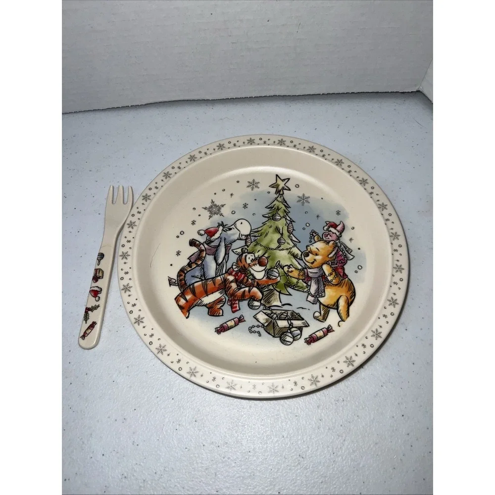 Vintage Disney Winnie The Pooh Plastic Kid Plate Melamine Fork Christmas Baby